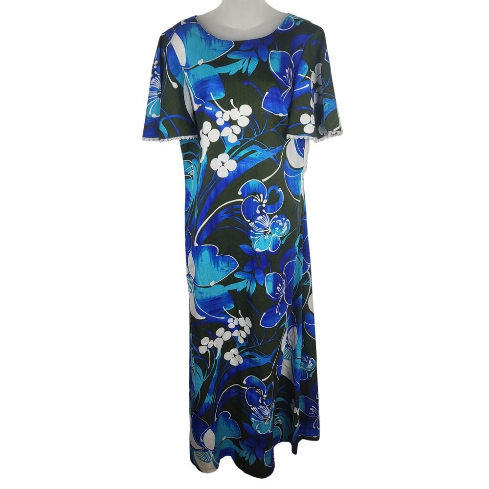 VTG 60s Made in Hawaii Hawaiian Floral Hibiscus Tiki Maxi Dress Gown Size 12